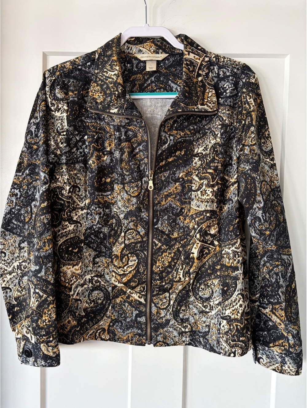 Christopher & Banks Metallic Paisley Zip Jacket — Black/Gold/Grey, Size L